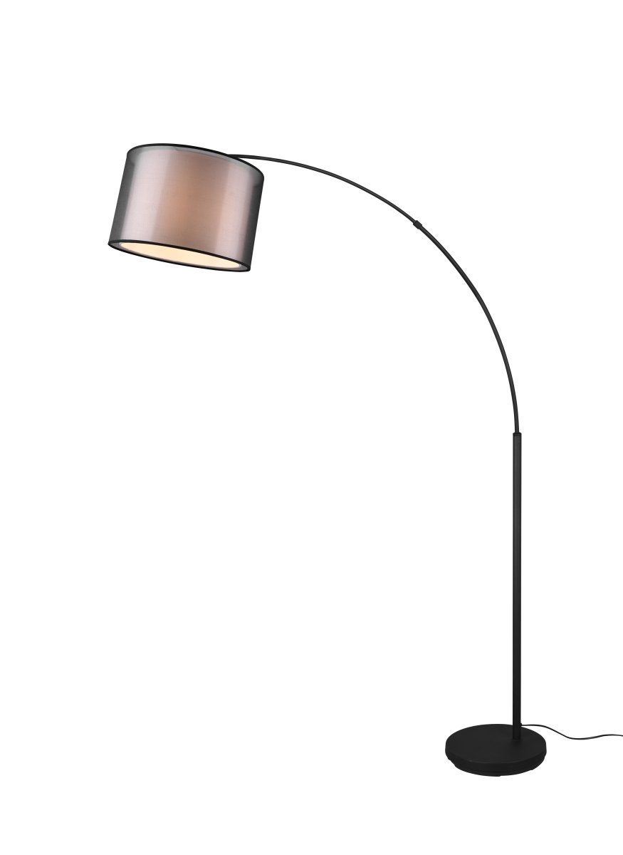 Burton Noir lampadaire De Trio Lighting - La combinaison moderne d'un abat-jour intérieur en tissu blanc et d'un abat-jour extérieur en plastique noir transparent semble à la fois individuelle et rafraîchissante et peut être intégrée dans les espaces de vie modernes.