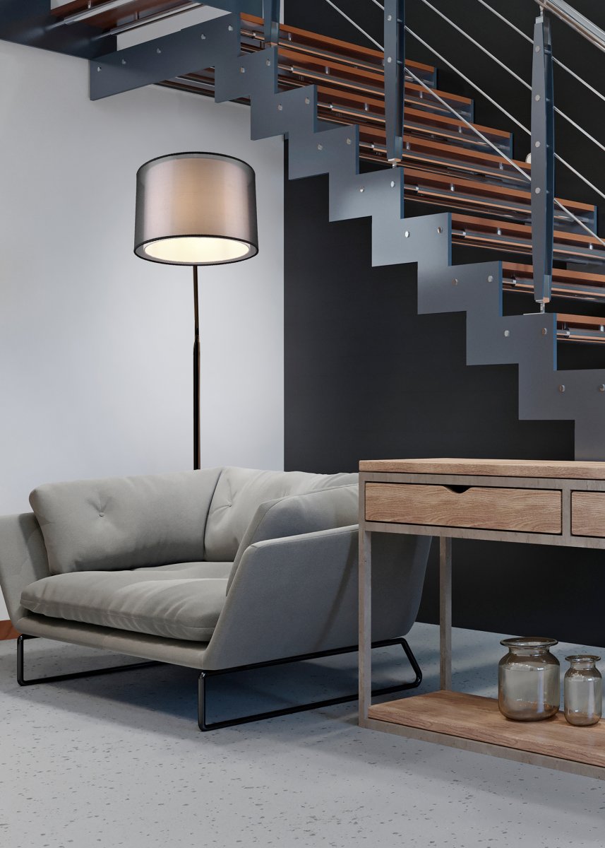 Burton Noir lampadaire De Trio Lighting - La combinaison moderne d'un abat-jour intérieur en tissu blanc et d'un abat-jour extérieur en plastique noir transparent semble à la fois individuelle et rafraîchissante et peut être intégrée dans les espaces de vie modernes.
