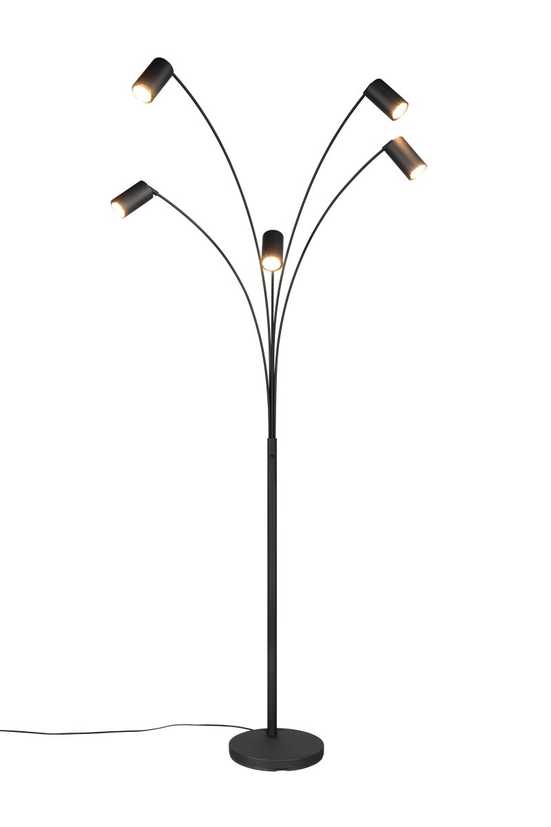 Marley Noir lampadaire De Trio Lighting - Les cinq têtes de lampe mobiles peuvent être alignées librement et fournissent ainsi une lumière optimale, que la lampe soit utilisée comme lampe de lecture sur le canapé ou comme source de lumière dans le couloir.