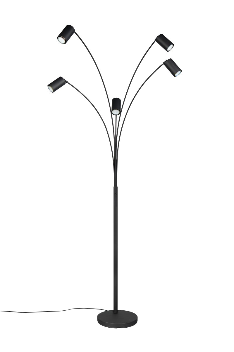 Marley Noir lampadaire De Trio Lighting - Les cinq têtes de lampe mobiles peuvent être alignées librement et fournissent ainsi une lumière optimale, que la lampe soit utilisée comme lampe de lecture sur le canapé ou comme source de lumière dans le couloir.