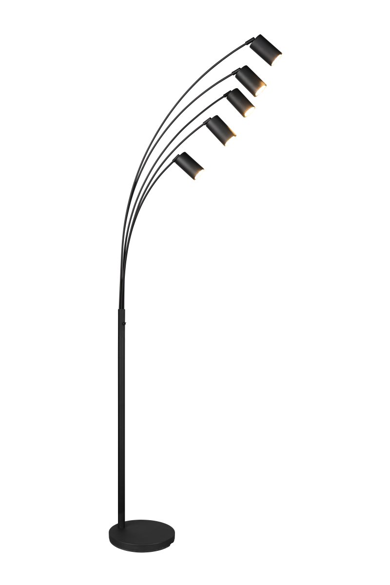 Marley Noir lampadaire De Trio Lighting - Les cinq têtes de lampe mobiles peuvent être alignées librement et fournissent ainsi une lumière optimale, que la lampe soit utilisée comme lampe de lecture sur le canapé ou comme source de lumière dans le couloir.