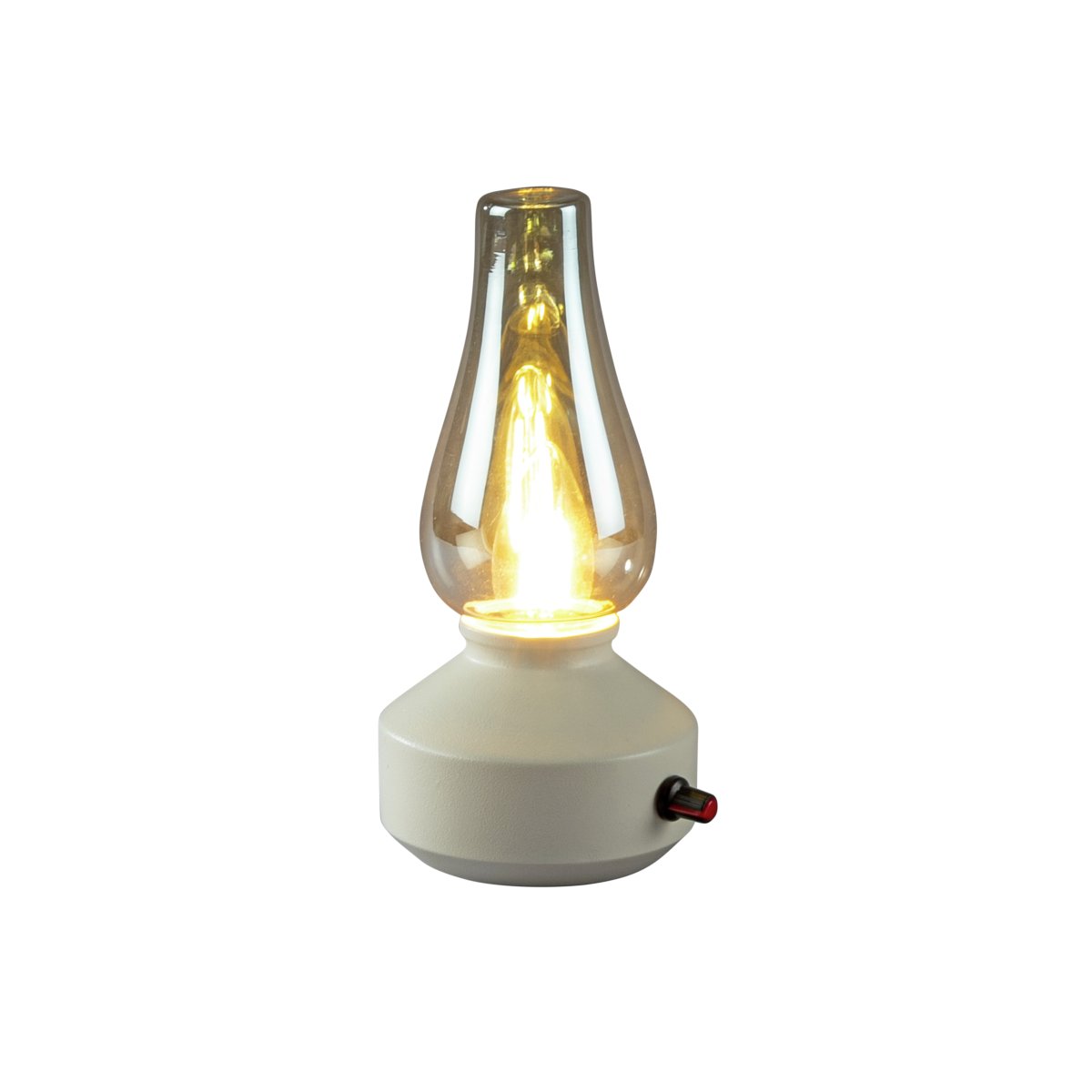 Lampe de table rechargeable 25cm Blanc portable De Konstsmide - Fabriquée en métal et en verre, elle est dotée d'un socle blanc et d'un variateur pratique permettant de régler facilement l'intensité de sa lumière blanche chaude et tamisée.