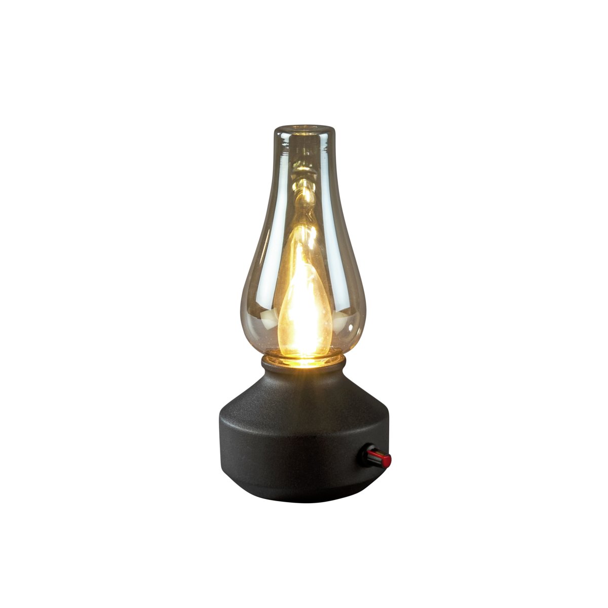 Lampe de table rechargeable 25cm Noir portable De Konstsmide - Fabriquée en métal et en verre, elle est dotée d'un socle noir et d'un variateur pratique permettant de régler facilement l'intensité de sa lumière blanche chaude et tamisée.