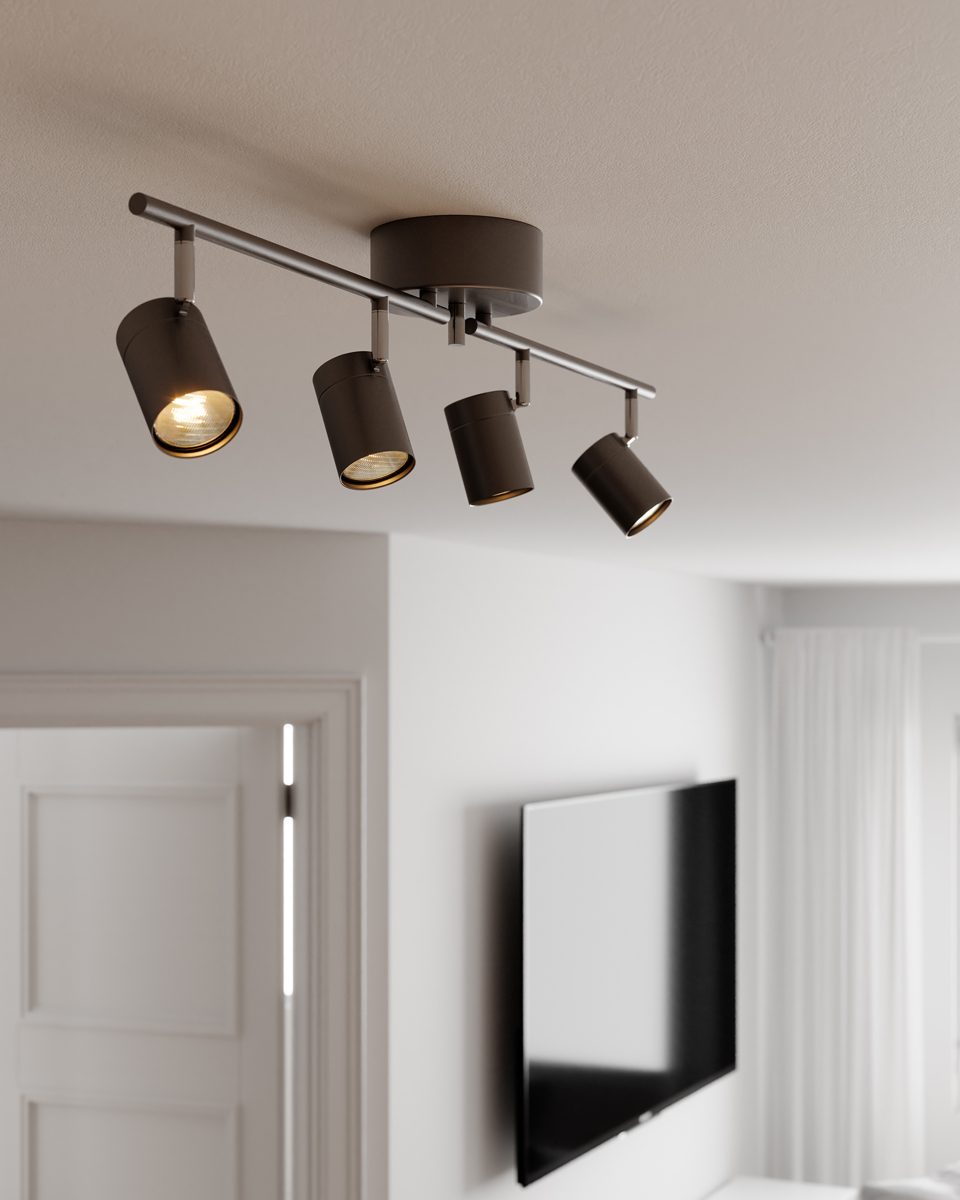 Correct 4 Gris acier spot De By Rydéns - Le plafonnier Correct apporte une ambiance subtile et moderne &agrave; votre int&eacute;rieur et s'int&egrave;gre parfaitement dans les couloirs, les chambres, les cuisines ou les salons.