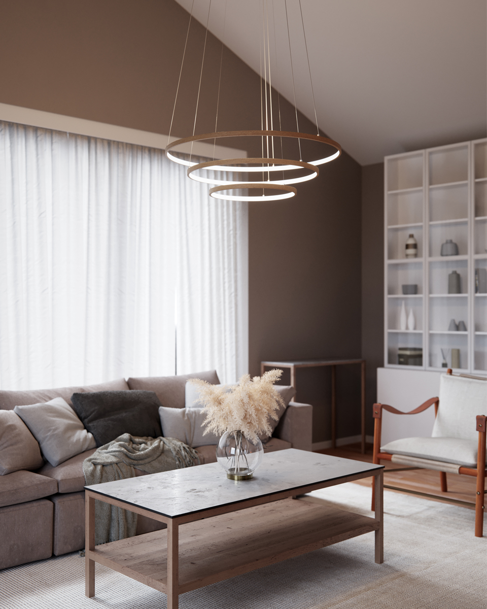 Trione Ø80 Bois suspension De By Rydéns - Chaque anneau (80 cm, 60 cm et 40 cm de diamètre) peut être facilement réglé en hauteur et en position à l'aide du support de fil de la lampe.