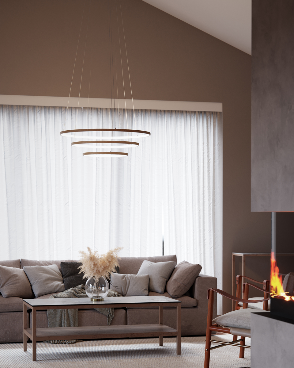 Trione Ø80 Bois suspension De By Rydéns - Chaque anneau (80 cm, 60 cm et 40 cm de diamètre) peut être facilement réglé en hauteur et en position à l'aide du support de fil de la lampe.