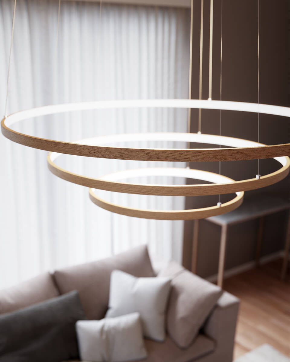 Trione Ø80 Bois suspension De By Rydéns - Chaque anneau (80 cm, 60 cm et 40 cm de diamètre) peut être facilement réglé en hauteur et en position à l'aide du support de fil de la lampe.