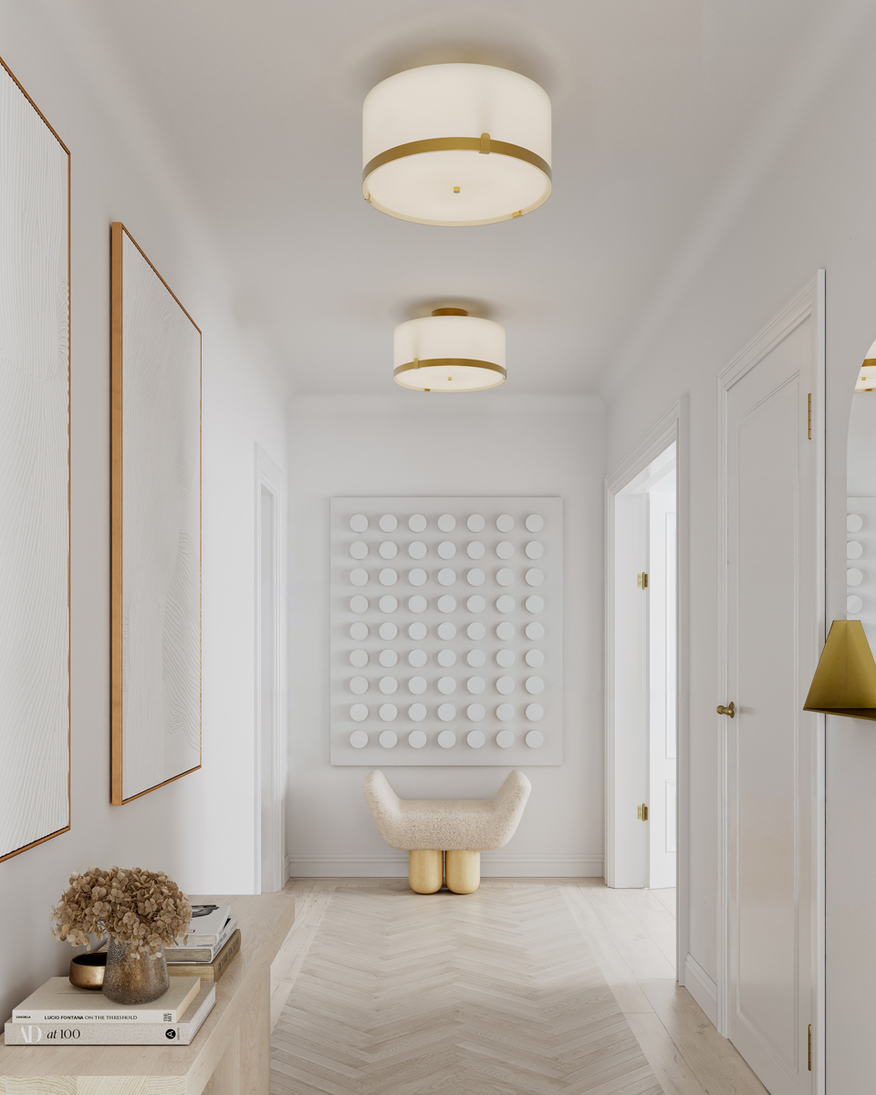 Marcel Ø40 Blanc/laiton plafonnier De By Rydéns - Il diffuse une lumi&egrave;re douce et homog&egrave;ne, cr&eacute;ant une ambiance agr&eacute;able dans la pi&egrave;ce.