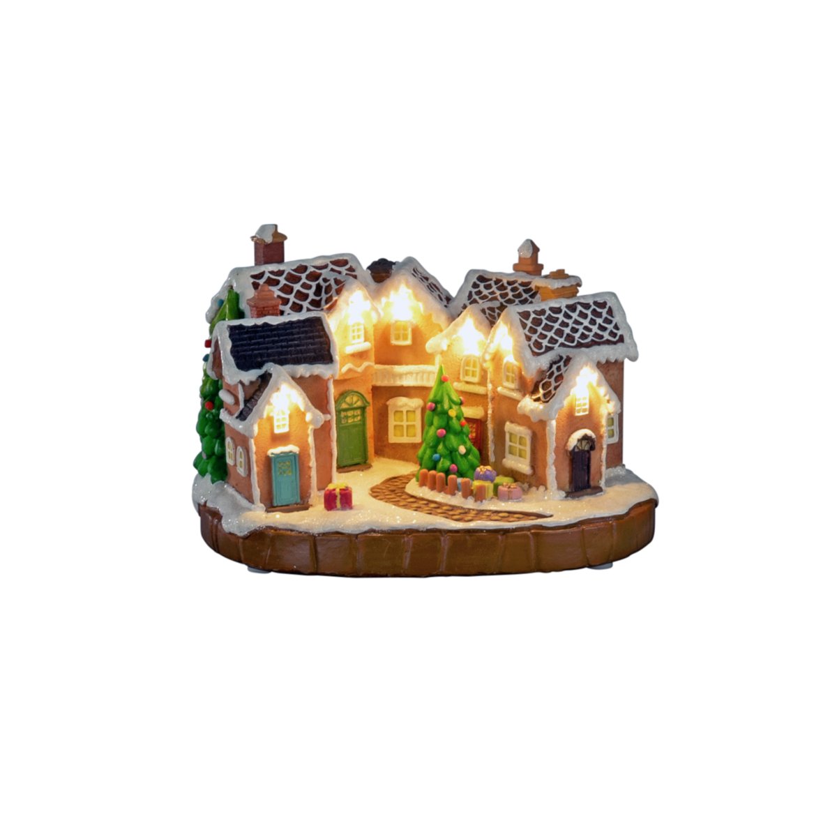 Village en pain d’épices 17cm Brun De Konstsmide - Les toits enneig&eacute;s, les portes color&eacute;es et le sapin d&eacute;cor&eacute; au centre cr&eacute;ent une atmosph&egrave;re de conte de No&euml;l.