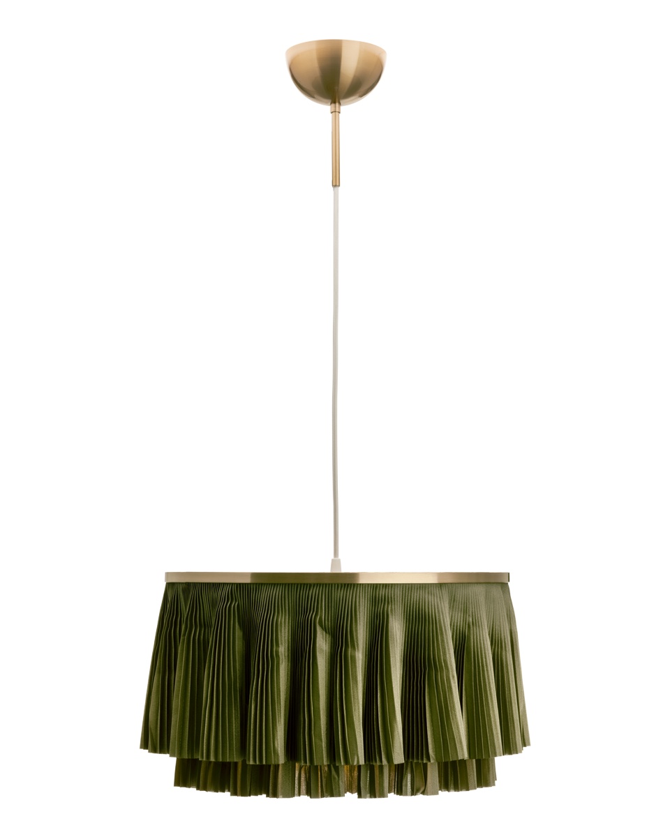 Ophelia Ø40 Vert suspension De By Rydéns - Son abat-jour pliss&eacute; en tissu vert est &agrave; double &eacute;paisseur, ce qui lui conf&egrave;re une allure d&eacute;corative et exclusive.