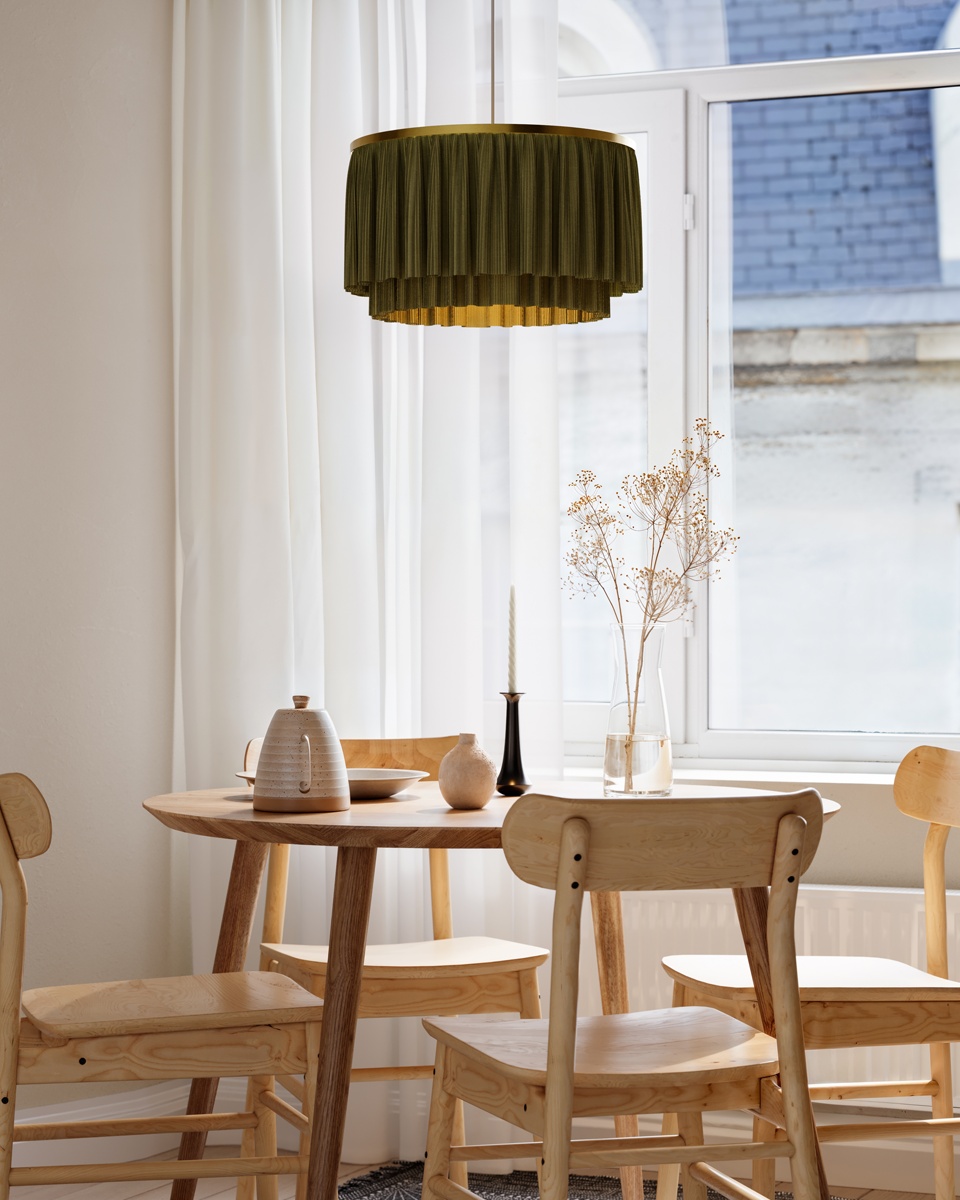 Ophelia Ø40 Vert suspension De By Rydéns - Son abat-jour pliss&eacute; en tissu vert est &agrave; double &eacute;paisseur, ce qui lui conf&egrave;re une allure d&eacute;corative et exclusive.