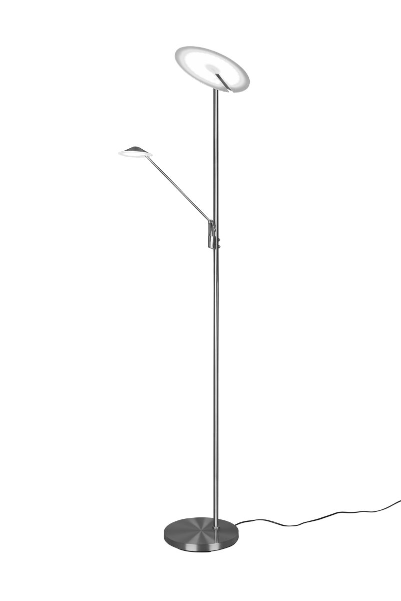 Brantford Acier brossé lampadaire De Trio Lighting - Le variateur de capteur intégré vous permet de régler facilement la luminosité et la couleur, tandis que la source lumineuse principale et le bras de lecture peuvent être utilisés séparément pour un éclairage flexible.