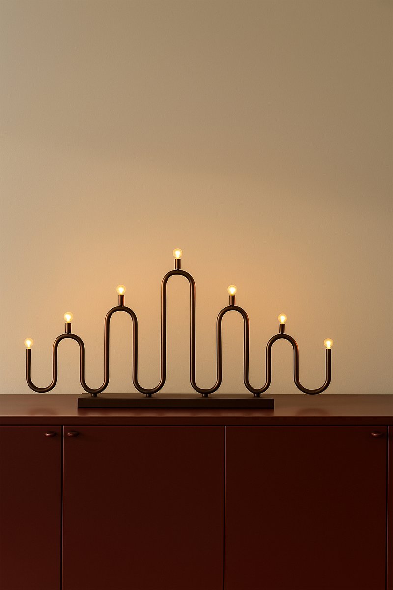 Noel 7 Bronze De Globen Lighting - Son design aux courbes douces, obtenu par le cintrage &agrave; la main de tubes m&eacute;talliques, offre une interpr&eacute;tation moderne du bougeoir classique de l'Avent.
