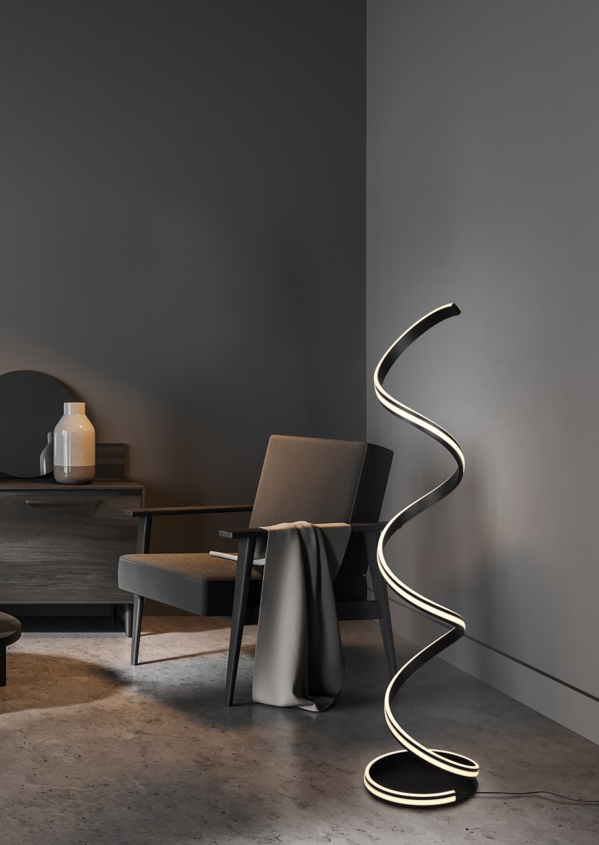 Nuria Noir lampadaire De Trio Lighting - Avec trois couleurs de lumière réglables (chaud, neutre, blanc lumière du jour) et une gradation continue via une pédale, il offre à la fois flexibilité et confort.