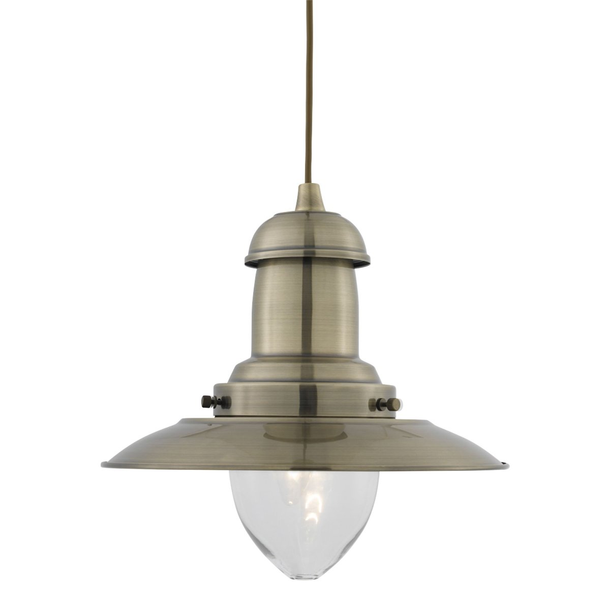 Fisherman Ø32 Laiton antique suspension De Searchlight - La belle finition en laiton antique, les bords arrondis doux et le grand abat-jour en verre transparent rehausseront votre salle à manger ou illumineront votre couloir tout en ajoutant une touche de design rétro à votre intérieur.