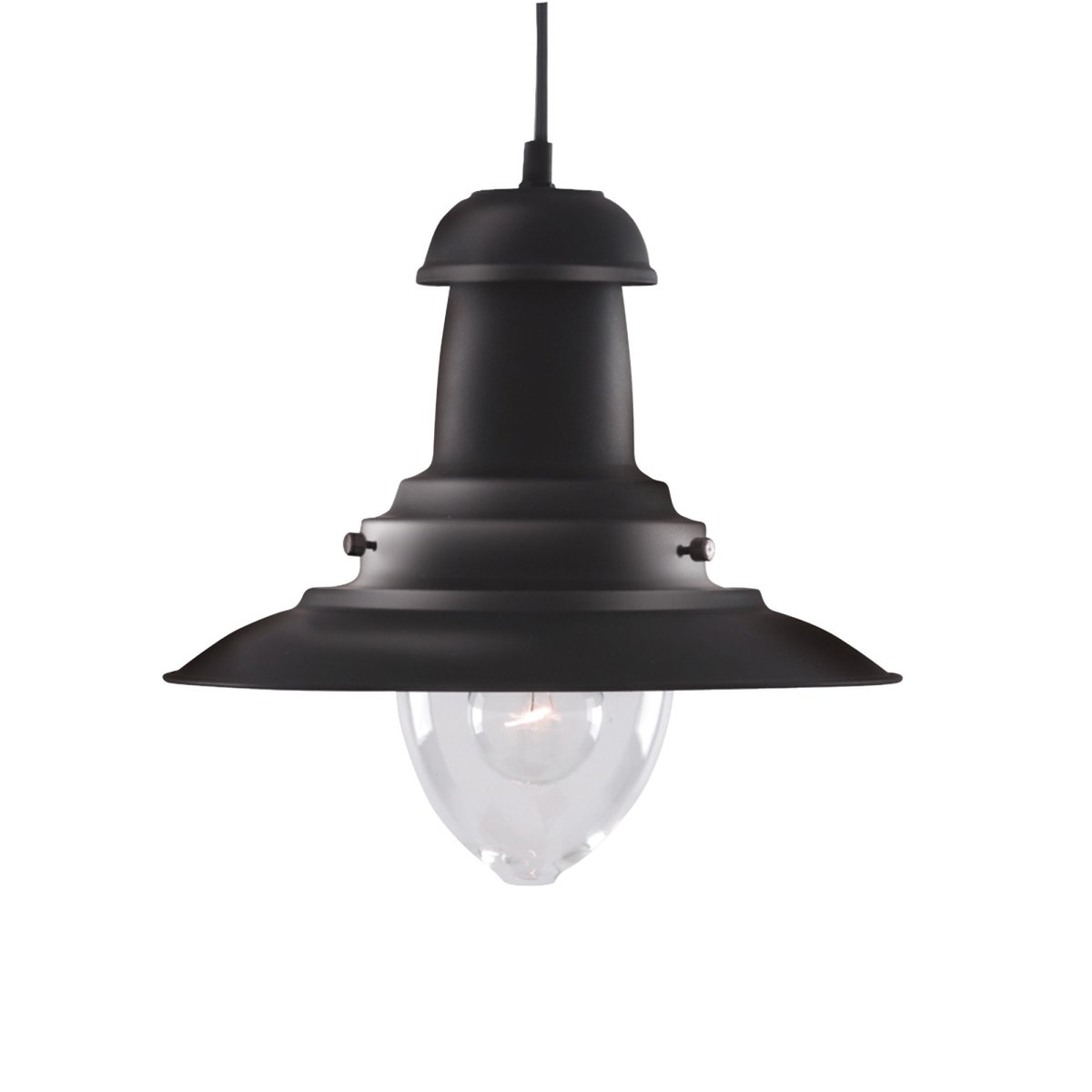 Fisherman Ø32 Noir suspension De Searchlight - Le plafonnier Fisherman noir avec un abat-jour en verre transparent est un luminaire robuste dans un style industriel classique.