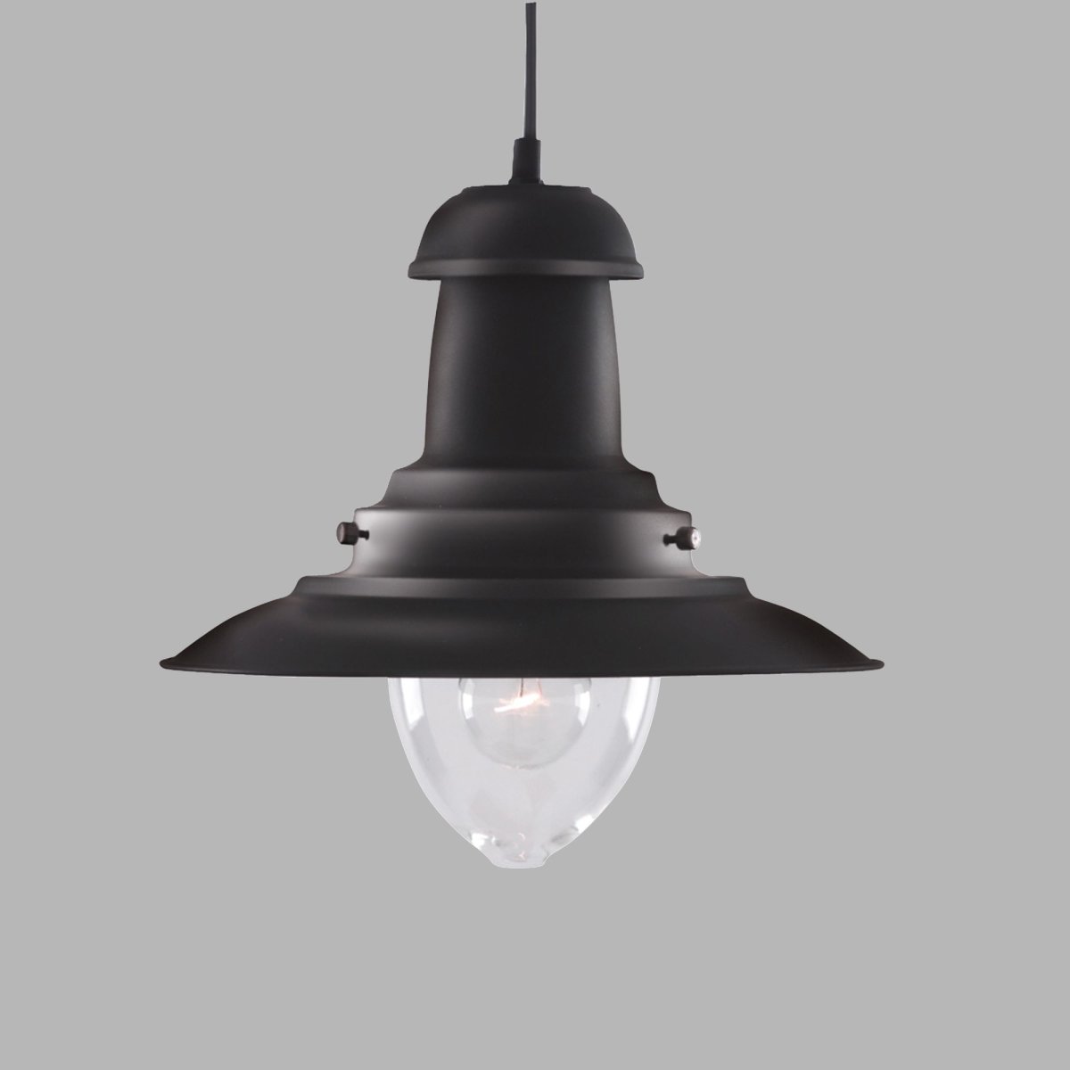 Fisherman Ø32 Noir suspension De Searchlight - Le plafonnier Fisherman noir avec un abat-jour en verre transparent est un luminaire robuste dans un style industriel classique.