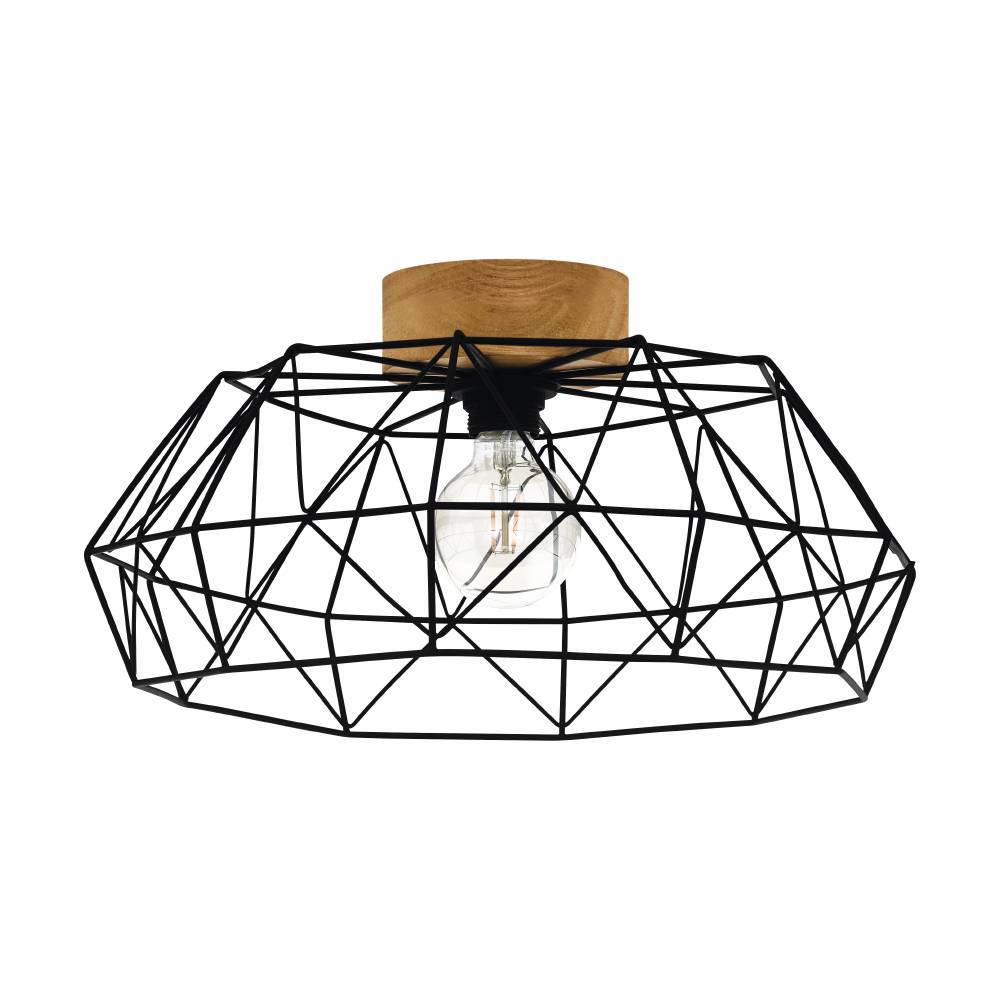 Padstow Ø45.5 Noir plafonnier De Eglo - Dotée d'un cadre en métal noir dans un design polygonal saisissant et d'un détail en bois naturel qui contraste avec le style industriel, cette lampe devient une œuvre d'art en soi.