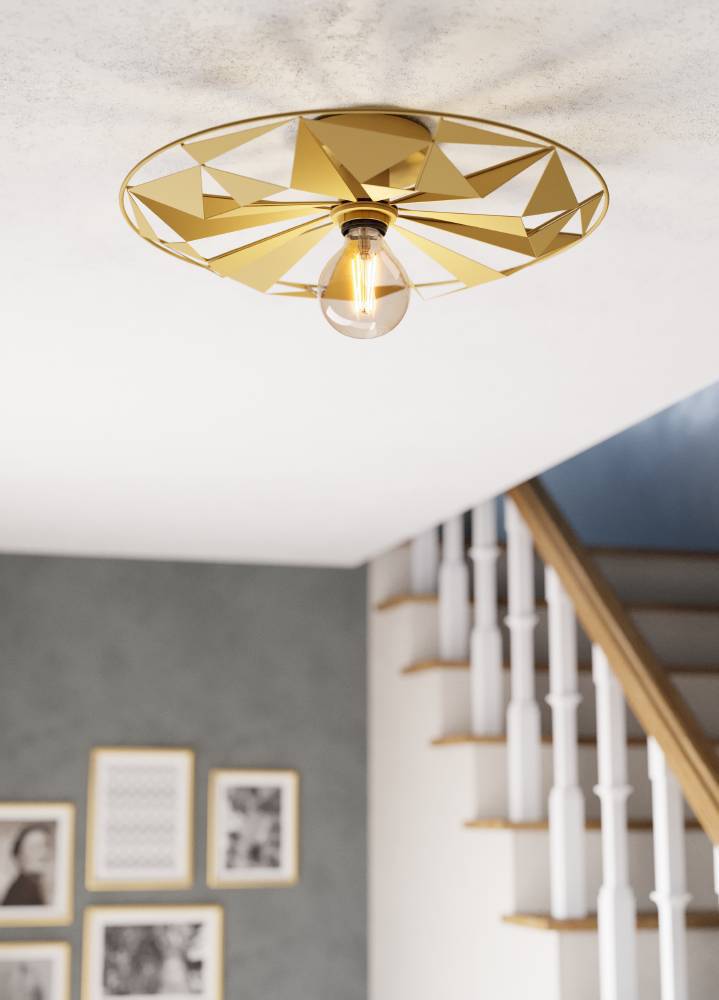 Castanuelo Ø42 Or plafonnier De Eglo - Cette applique murale et plafonnier en m&eacute;tal dor&eacute; pr&eacute;sente un design g&eacute;om&eacute;trique saisissant qui cr&eacute;e un jeu de lumi&egrave;re dynamique et ajoute une touche luxueuse &agrave; la pi&egrave;ce.