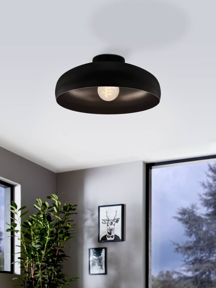 Mogano Ø40 Noir plafonnier De Eglo - Avec sa forme légèrement arrondie et sa finition noire mate, il crée une atmosphère chaleureuse et cosy, parfaite pour le salon, la chambre ou le couloir.