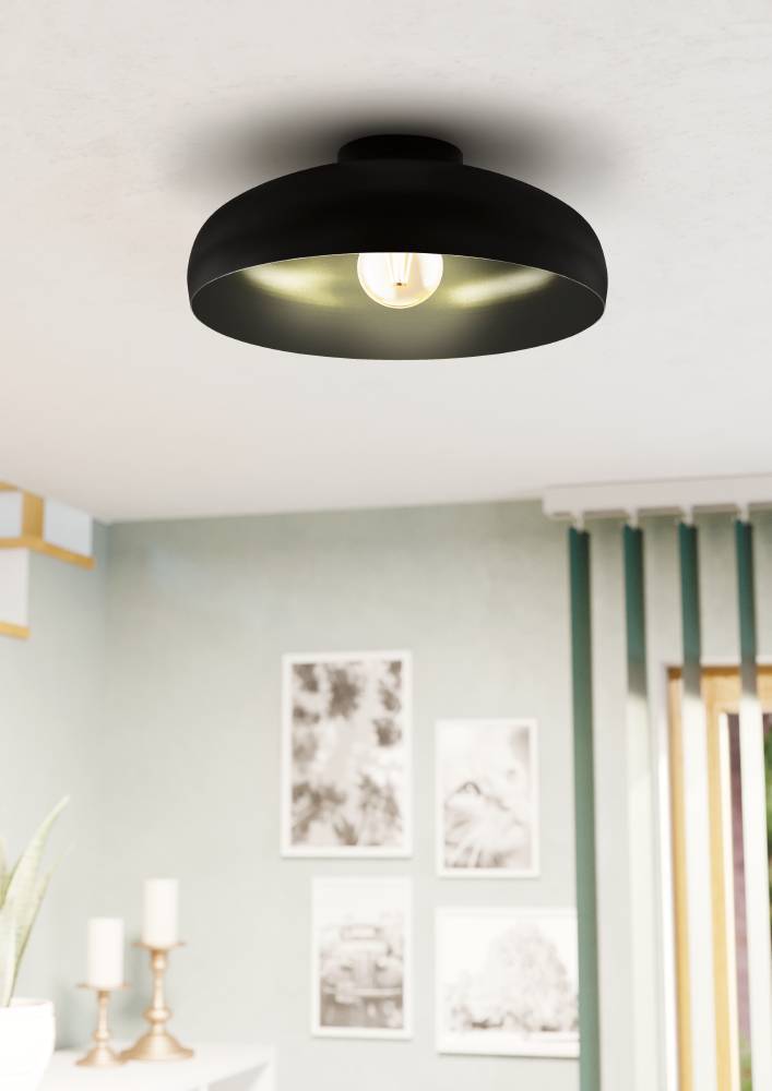 Mogano Ø40 Noir plafonnier De Eglo - Avec sa forme légèrement arrondie et sa finition noire mate, il crée une atmosphère chaleureuse et cosy, parfaite pour le salon, la chambre ou le couloir.