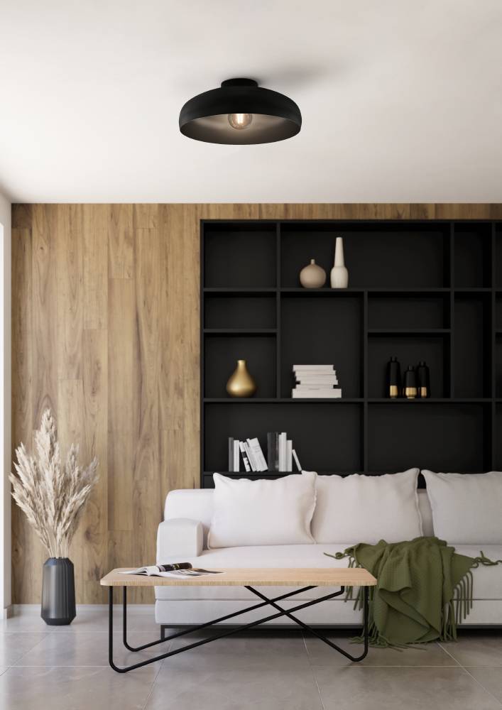 Mogano Ø40 Noir plafonnier De Eglo - Avec sa forme légèrement arrondie et sa finition noire mate, il crée une atmosphère chaleureuse et cosy, parfaite pour le salon, la chambre ou le couloir.