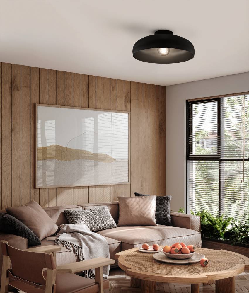 Mogano Ø40 Noir plafonnier De Eglo - Avec sa forme légèrement arrondie et sa finition noire mate, il crée une atmosphère chaleureuse et cosy, parfaite pour le salon, la chambre ou le couloir.