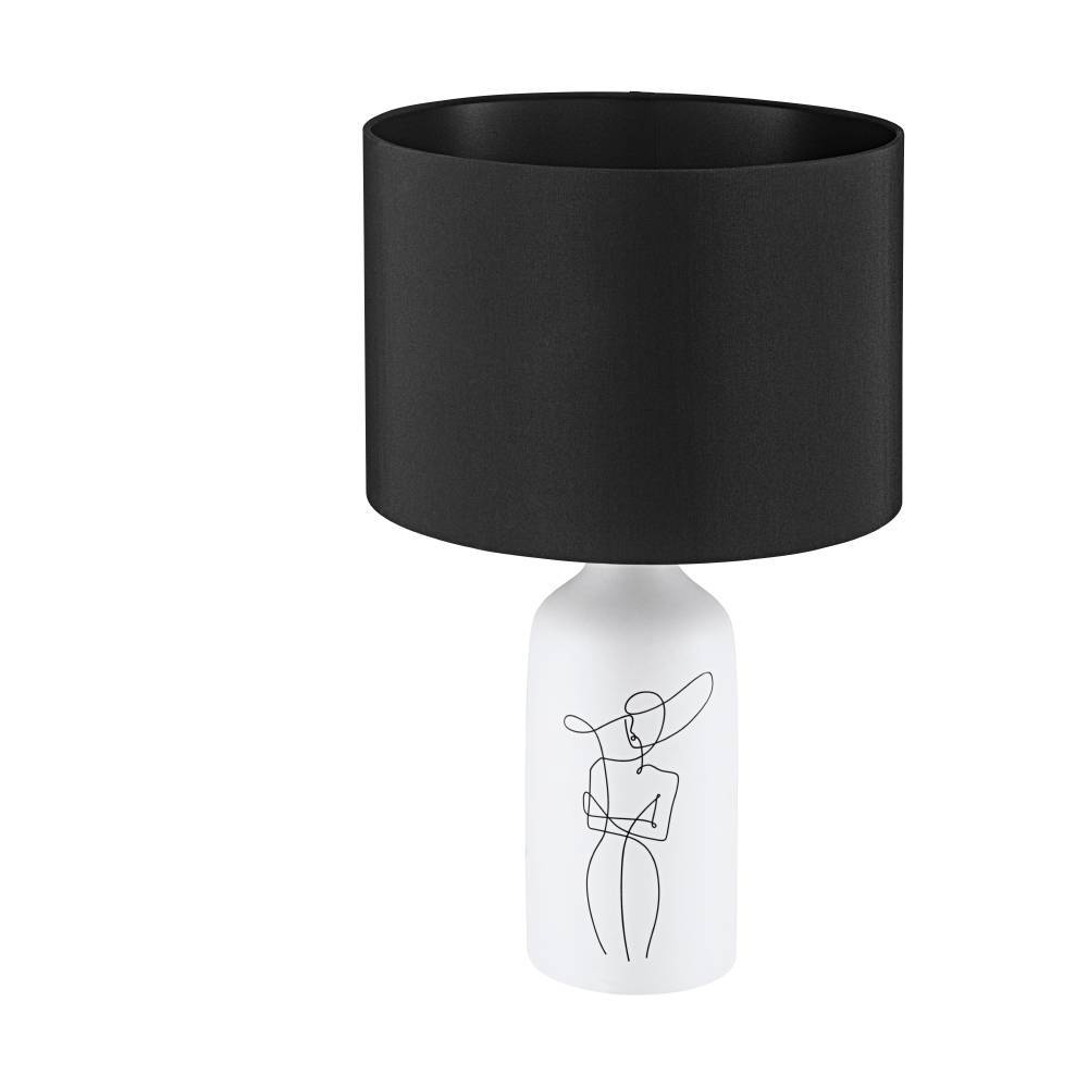 Vinoza 53cm Blanc lampe de table De Eglo - Dotée d'une base blanche décorée de lignes minimalistes représentant une femme portant un chapeau, la lampe ajoute une touche sophistiquée et artistique à votre intérieur.