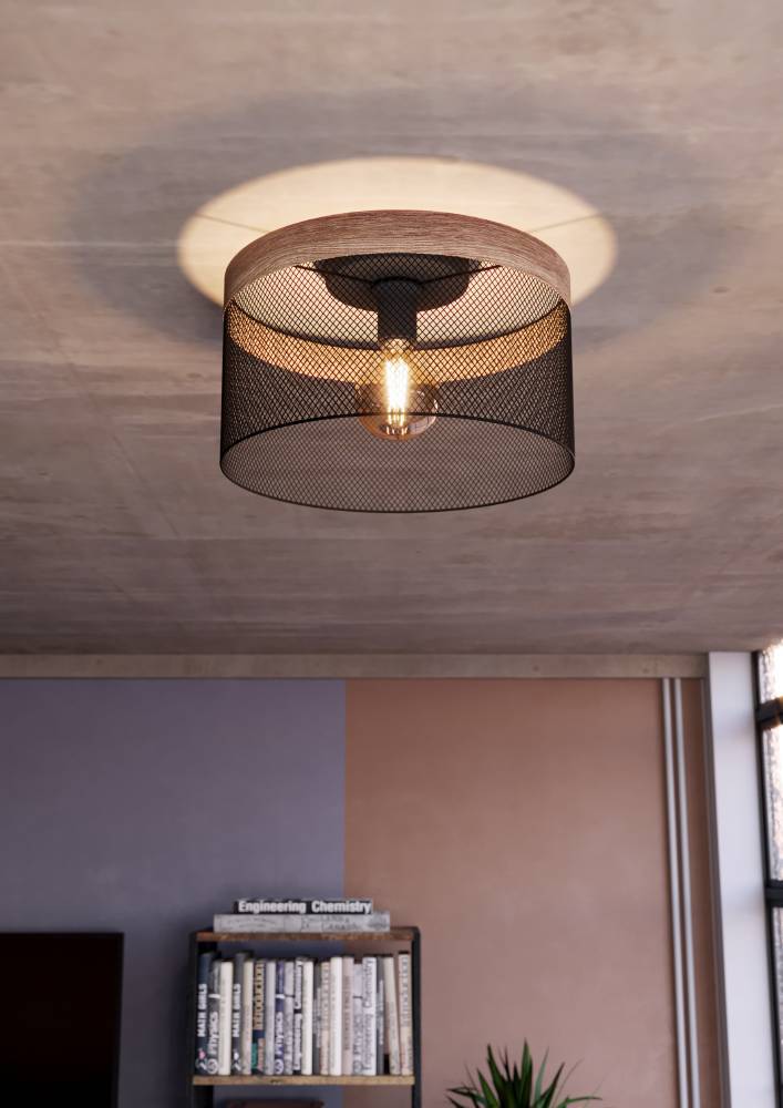 Kilnsdale Ø38 Noir plafonnier De Eglo - Cette lampe a un design industriel avec un abat-jour en métal ouvert et un bord supérieur inspiré du bois.