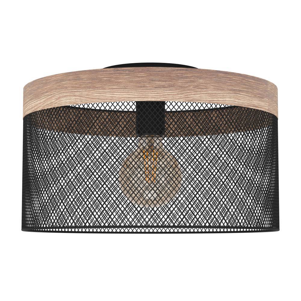 Kilnsdale Ø38 Noir plafonnier De Eglo - Cette lampe a un design industriel avec un abat-jour en métal ouvert et un bord supérieur inspiré du bois.