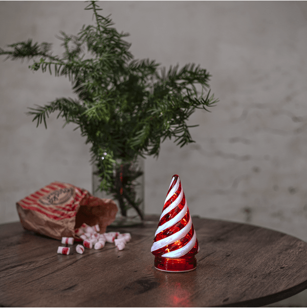 Candy Tree ROUGE De Star Trading - &Eacute;l&eacute;gante d&eacute;coration de table &agrave; piles en forme de sapin de No&euml;l, r&eacute;alis&eacute;e en verre rouge et blanc.