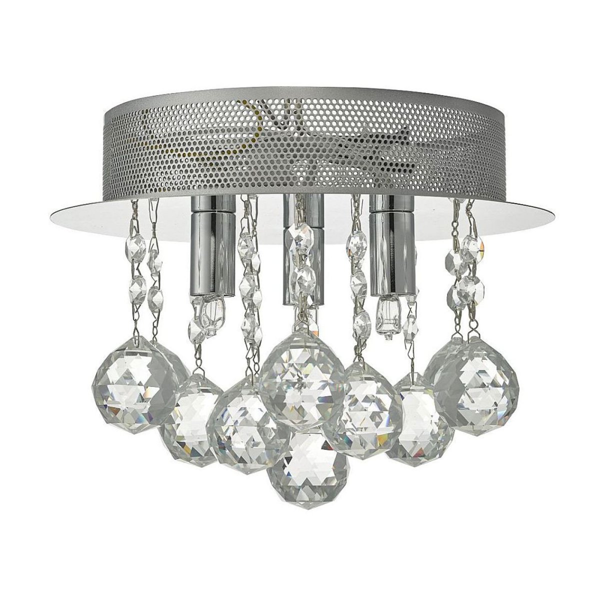 Plafond kristall 25cm K9 Chrome cristal De Oriva - Avec sa finition chrom&eacute;e brillante et ses prismes en cristal K9 suspendus, il diffuse une lumi&egrave;re magique qui transforme n'importe quelle pi&egrave;ce en un lieu luxueux.