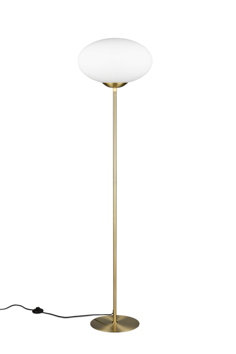 Fomento Laiton mat lampadaire De Trio Lighting - La combinaison du laiton mat et du verre blanc transmet une sensation de luxe et d'élégance.