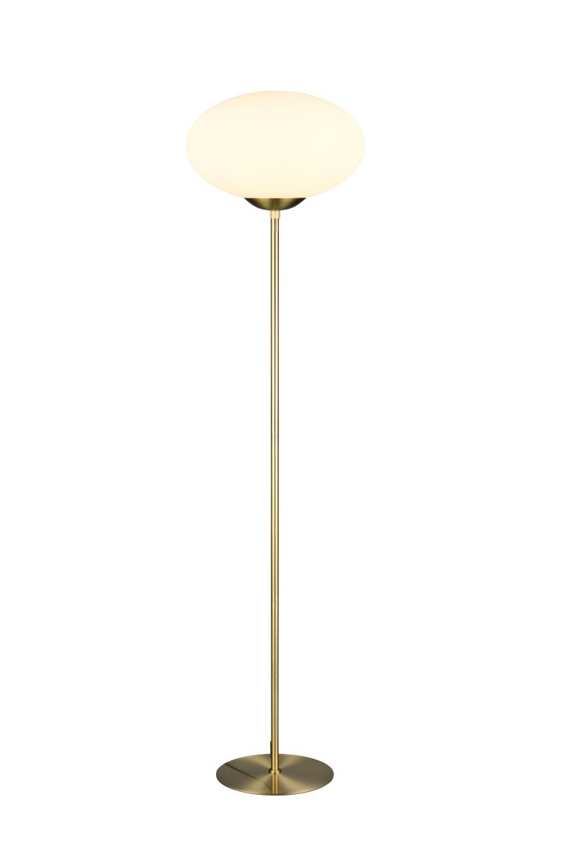 Fomento Laiton mat lampadaire De Trio Lighting - La combinaison du laiton mat et du verre blanc transmet une sensation de luxe et d'élégance.