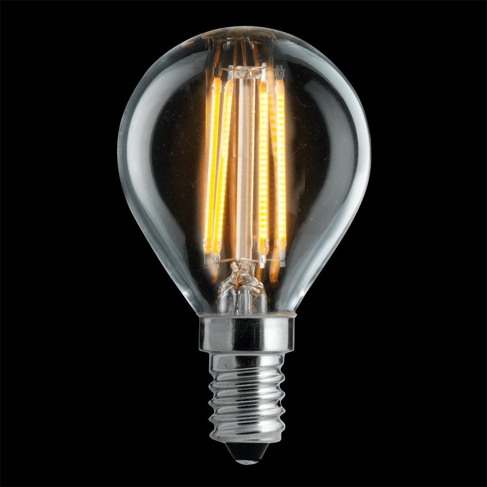 LED E14 boule 4W 2700K Dimmable Transparent De Unison - Cette source lumineuse LED sph&eacute;rique et transparente de UNI-LEDISON dispose d'une douille E14 et d'une puissance de 4 W.