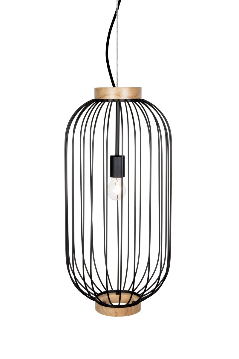 Berlin Ø30 Noir suspension De Globen Lighting - Plafonnier de forme ovale avec tiges m&eacute;talliques en noir mat et d&eacute;coration au-dessus et en dessous en fr&ecirc;ne.