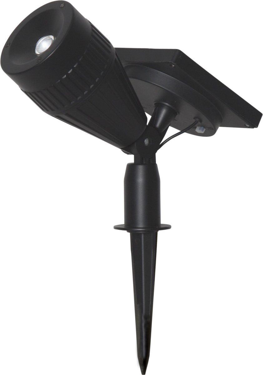Powerspot Noir lampe solaire De Star Trading - Facile à installer grâce à son piquet de sol, le projecteur se recharge pendant la journée à l'énergie solaire et s'allume automatiquement à la tombée de la nuit.
