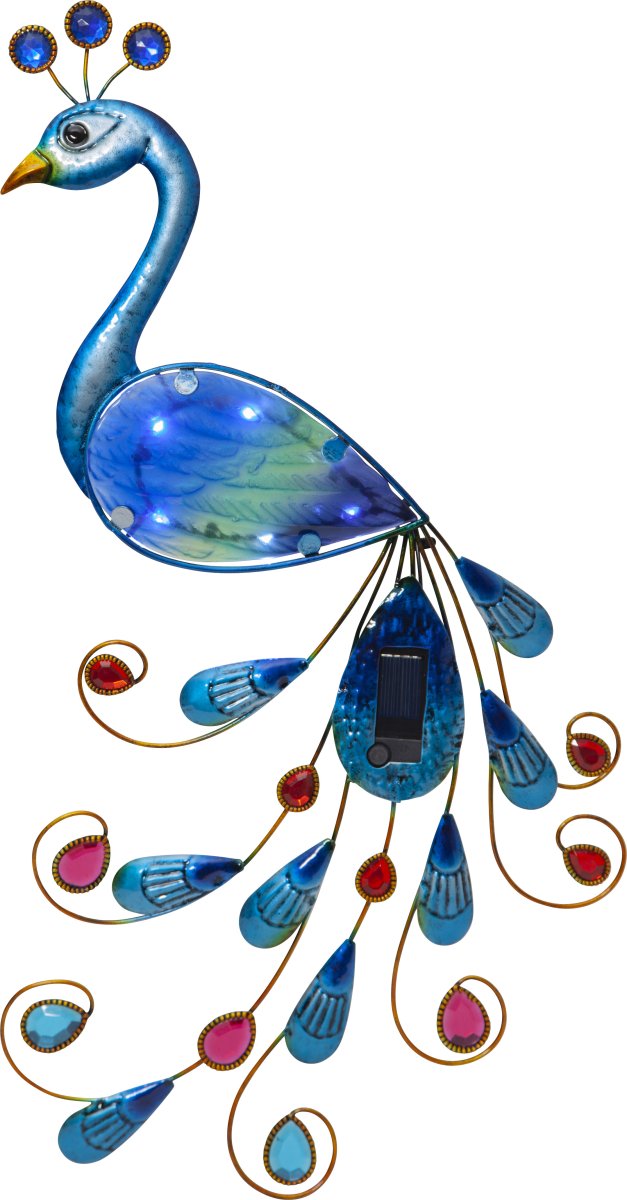 Peacock Polyvalent lampe solaire De Star Trading - À la tombée de la nuit, elle diffuse une douce lumière blanche qui met en valeur ses détails décoratifs.