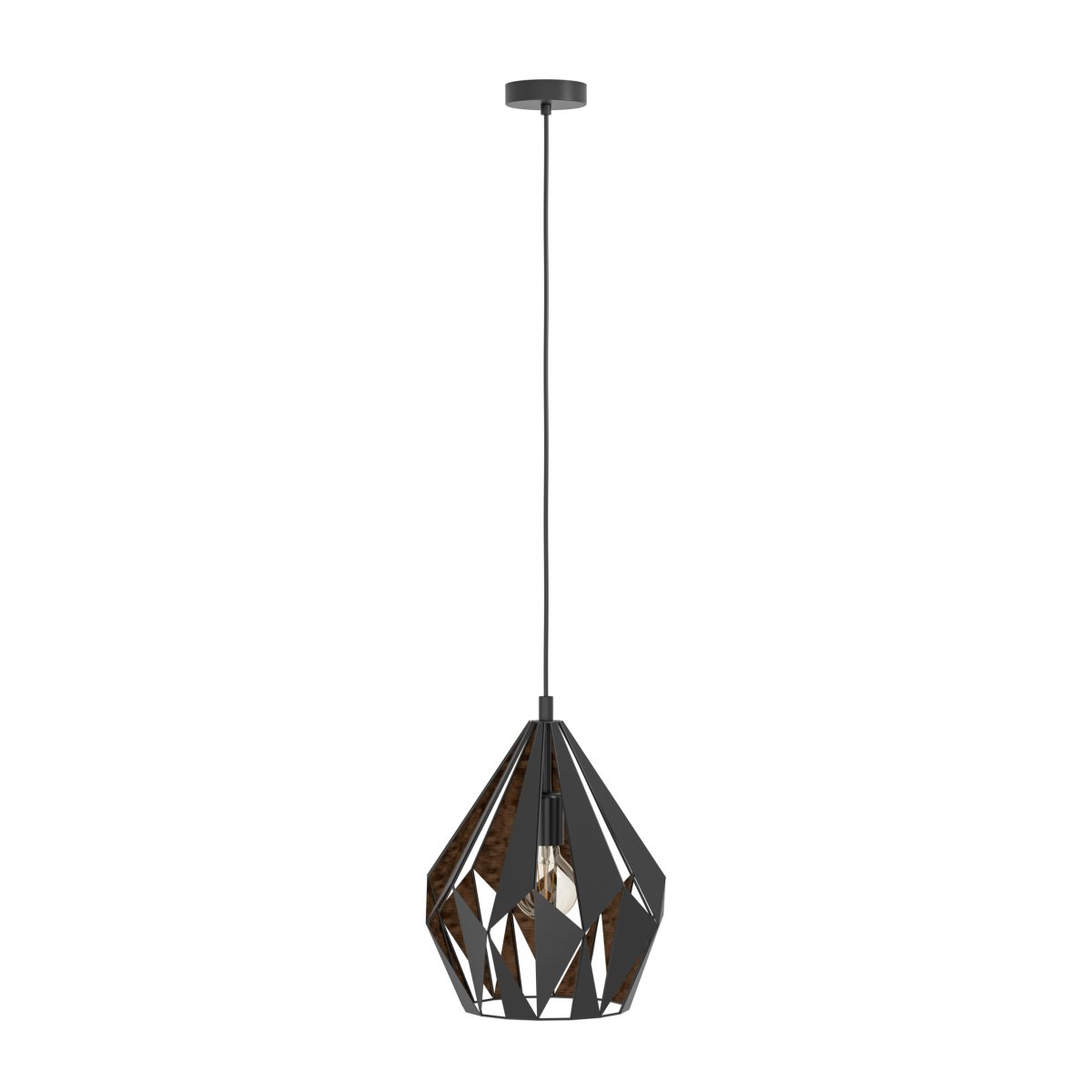 Carlton Ø30 Noir suspension De Eglo - Son ext&eacute;rieur noir s'harmonise parfaitement avec son int&eacute;rieur couleur cuivre, qui diffuse une lumi&egrave;re chaleureuse et intime.