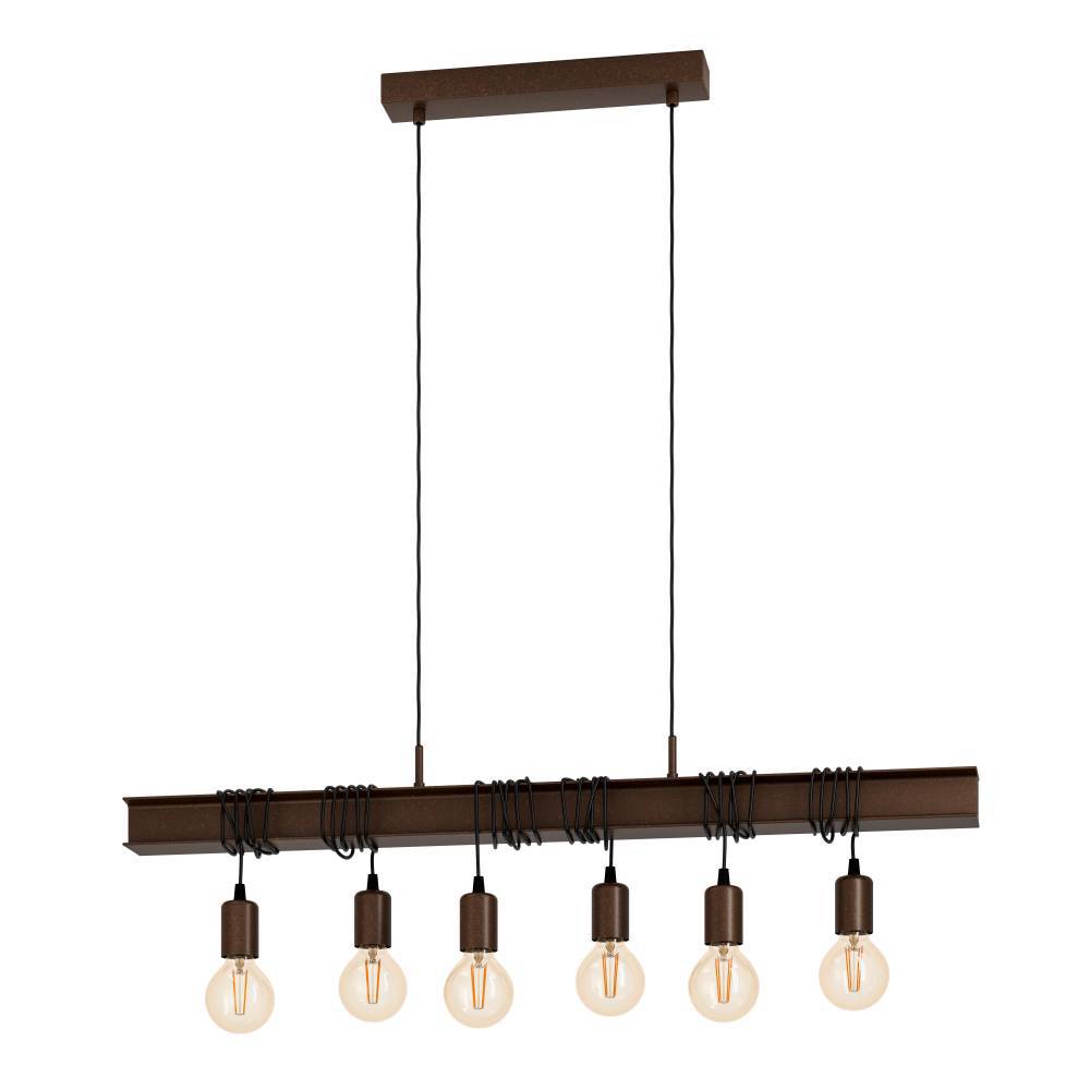 Townshend 100cm Brun suspension De Eglo - Avec six ampoules apparentes suspendues à un cadre en acier marron et des câbles noirs, la lampe a un look unique et élégant.