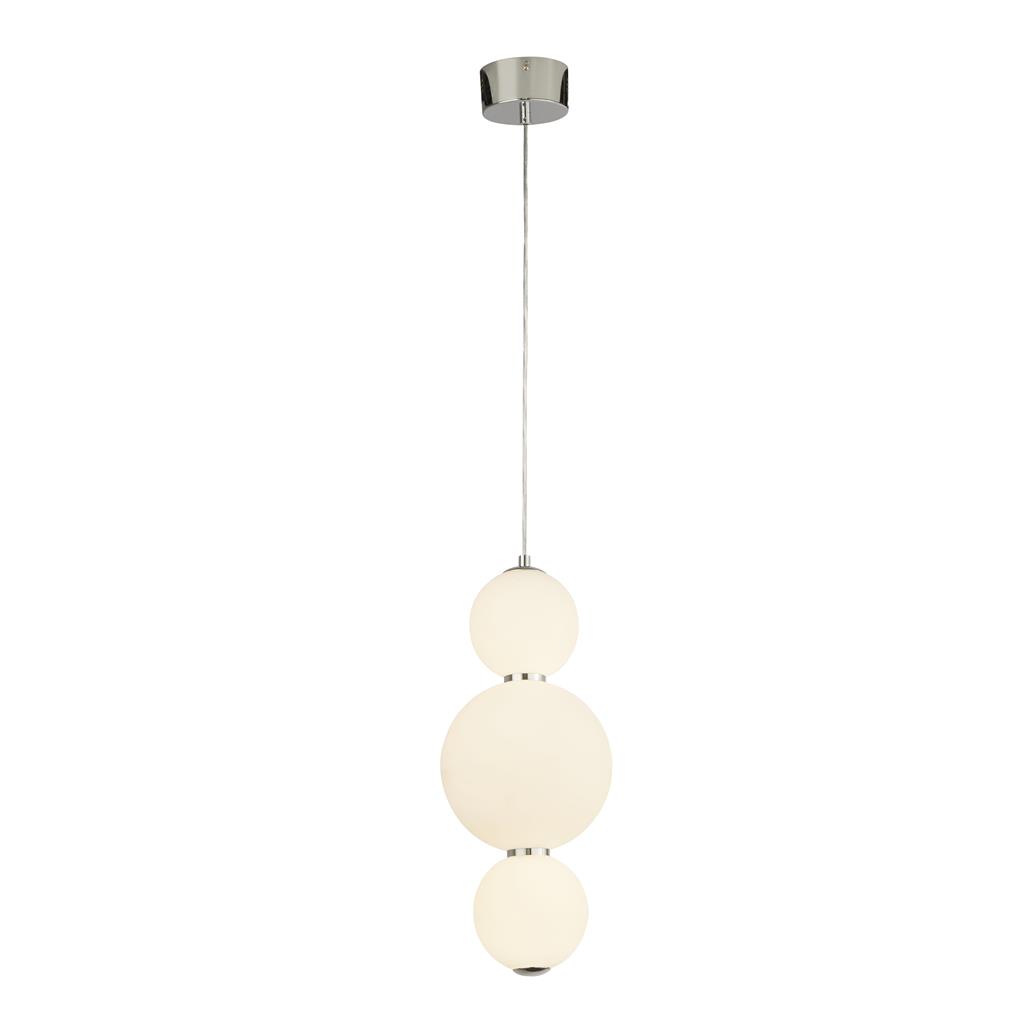 Snowball Ø18 Chrome suspension De Searchlight - Snowball est une suspension qui se démarque vraiment – avec ses abat-jour ronds en verre opale et une touche de chrome, elle a une expression douce, presque tactile, qui manque à de nombreuses autres lampes.