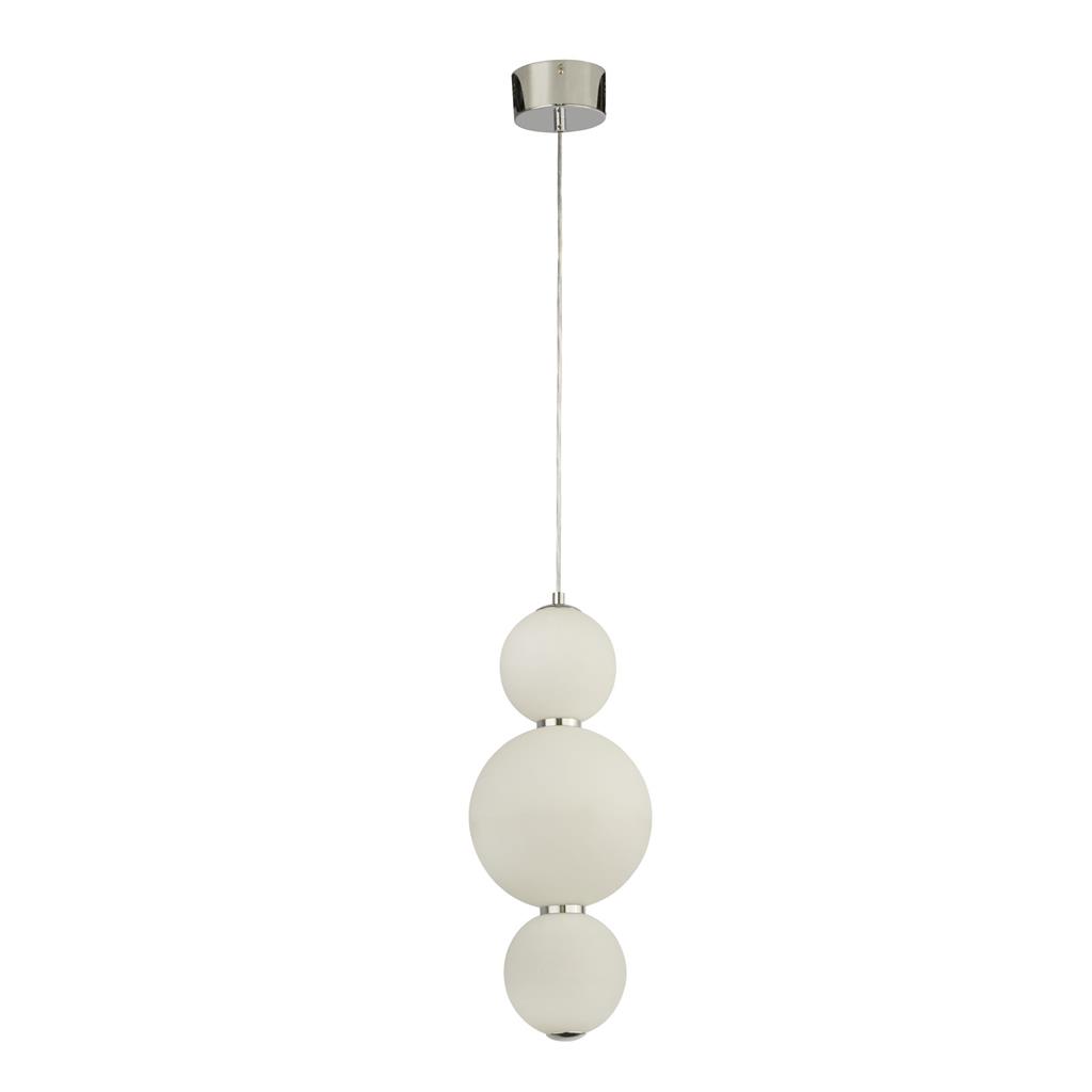 Snowball Ø18 Chrome suspension De Searchlight - Snowball est une suspension qui se démarque vraiment – avec ses abat-jour ronds en verre opale et une touche de chrome, elle a une expression douce, presque tactile, qui manque à de nombreuses autres lampes.