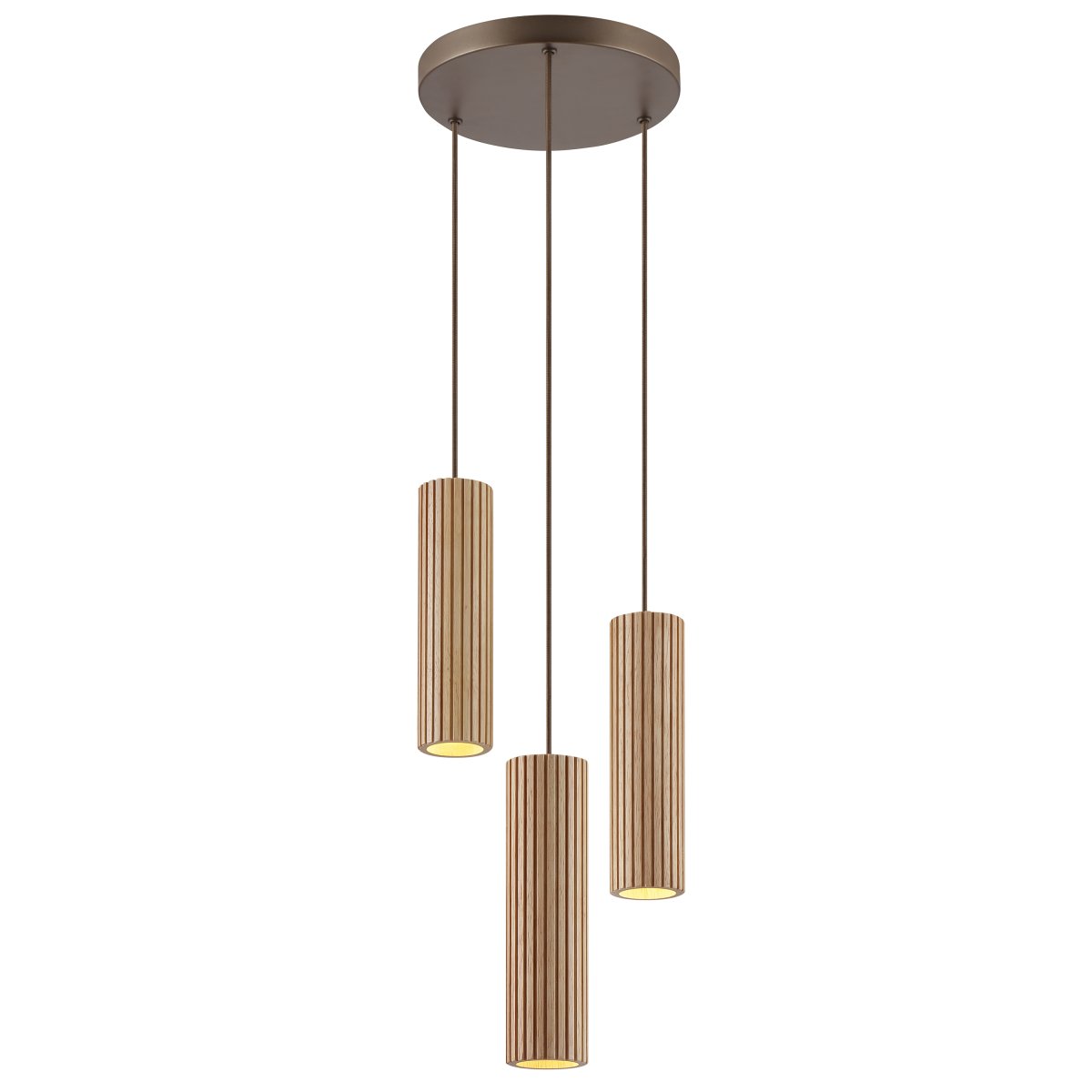 Lakewood Ø28 Bois suspension De Brilliant - La suspension Lakewood associe du métal brun à trois abat-jour cylindriques en bois veiné, créant une ambiance chaleureuse et naturelle dans n'importe quelle pièce.