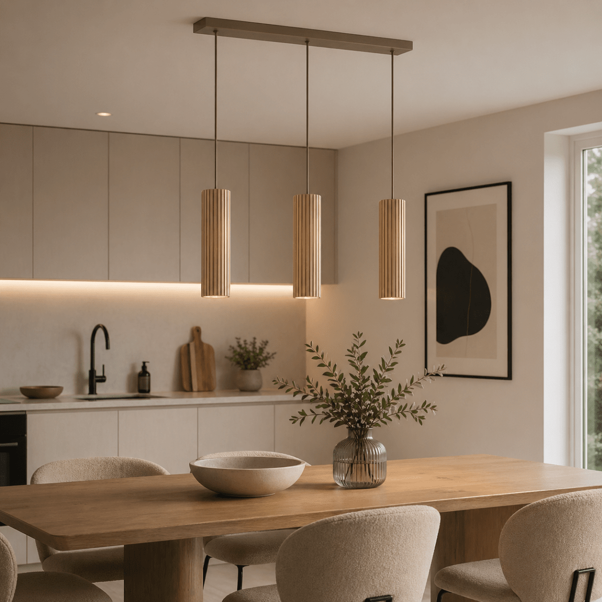 Lakewood 50cm Bois suspension De Brilliant - Les trois abat-jour sont alignés et leur hauteur est réglable lors de l'installation afin de s'adapter à la pièce et à l'emplacement souhaité.