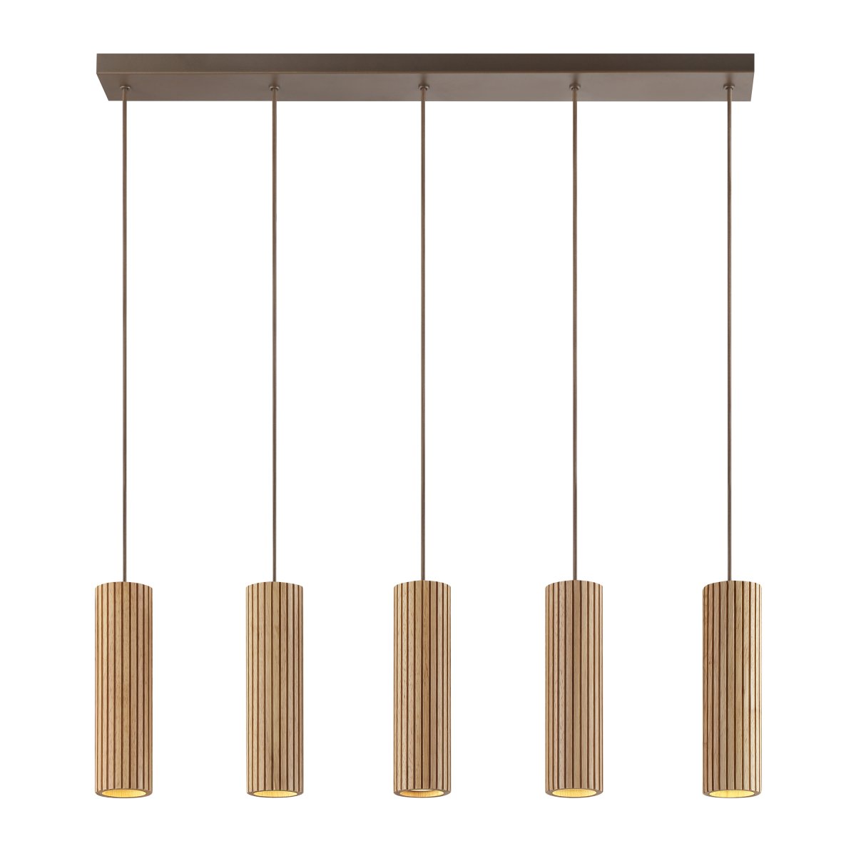 Lakewood 95cm Bois suspension De Brilliant - Les cinq abat-jour sont alignés et leur hauteur est réglable lors de l'installation pour s'adapter à la pièce et à l'emplacement souhaité.