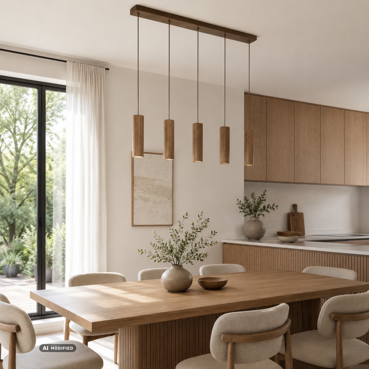 Lakewood 95cm Bois suspension De Brilliant - Les cinq abat-jour sont alignés et leur hauteur est réglable lors de l'installation pour s'adapter à la pièce et à l'emplacement souhaité.