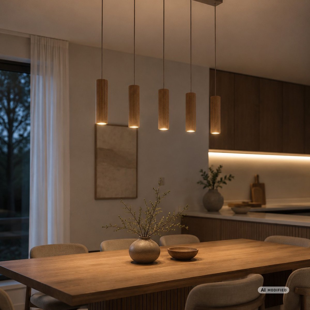 Lakewood 95cm Bois suspension De Brilliant - Les cinq abat-jour sont alignés et leur hauteur est réglable lors de l'installation pour s'adapter à la pièce et à l'emplacement souhaité.