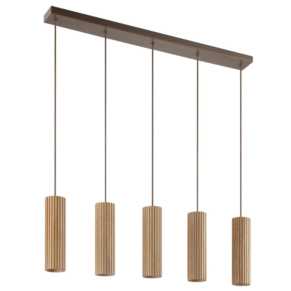 Lakewood 95cm Bois suspension De Brilliant - Les cinq abat-jour sont alignés et leur hauteur est réglable lors de l'installation pour s'adapter à la pièce et à l'emplacement souhaité.