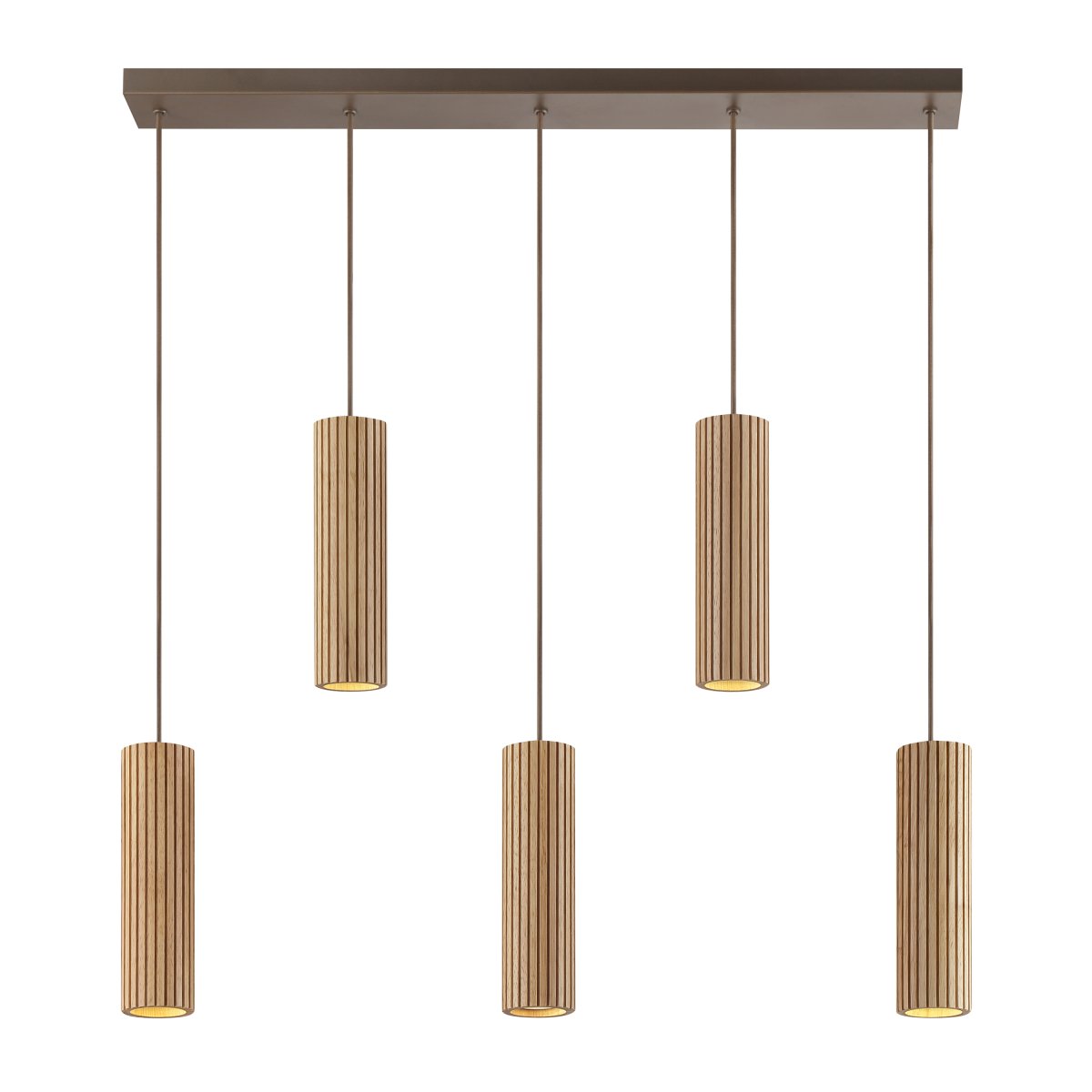 Lakewood 95cm Bois suspension De Brilliant - Les cinq abat-jour sont alignés et leur hauteur est réglable lors de l'installation pour s'adapter à la pièce et à l'emplacement souhaité.