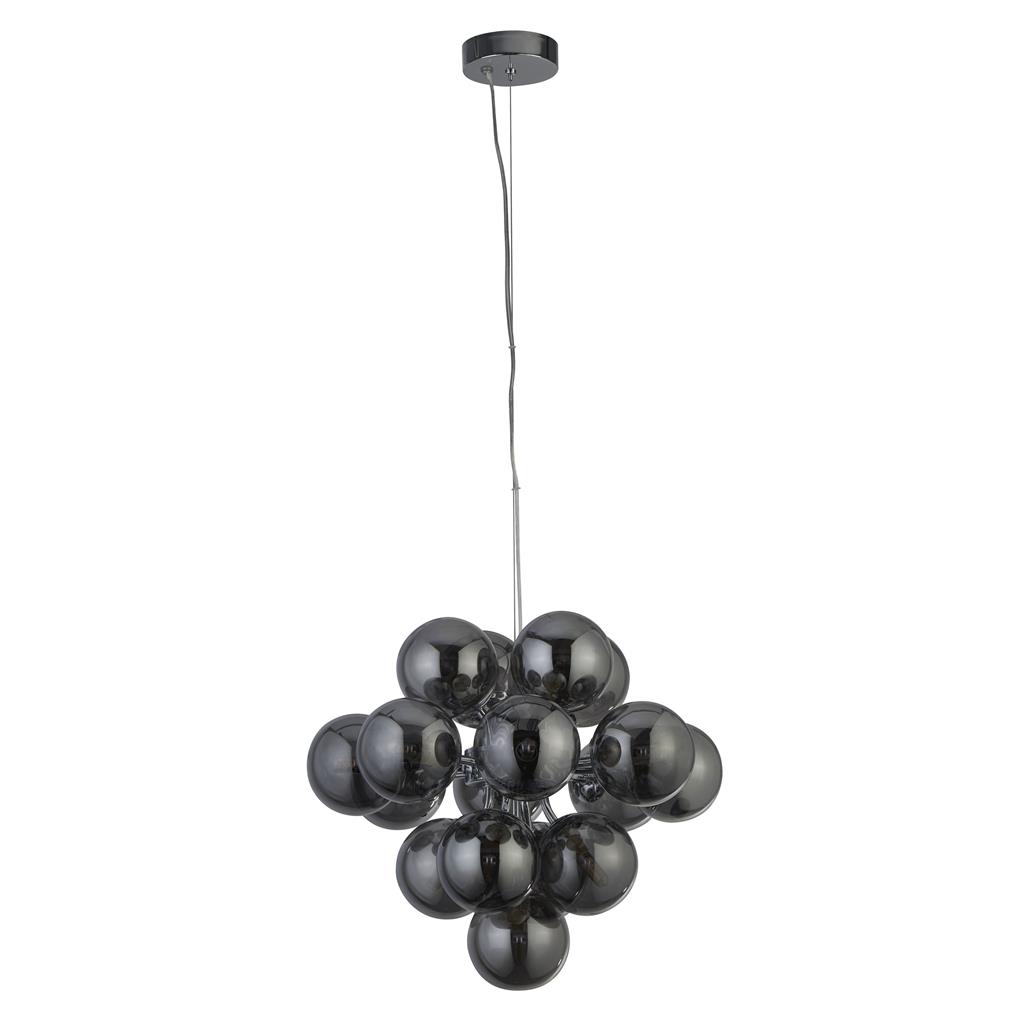 Berry Ø40 Couleur fumée suspension De Searchlight - Berry est un plafonnier qui prend vraiment de la place – avec un total de 17 sources lumineuses, entourées de dômes en verre couleur fumée dans un style moderne et minimaliste, il est garanti d'être un accroche-regard dans n'importe quelle pièce.